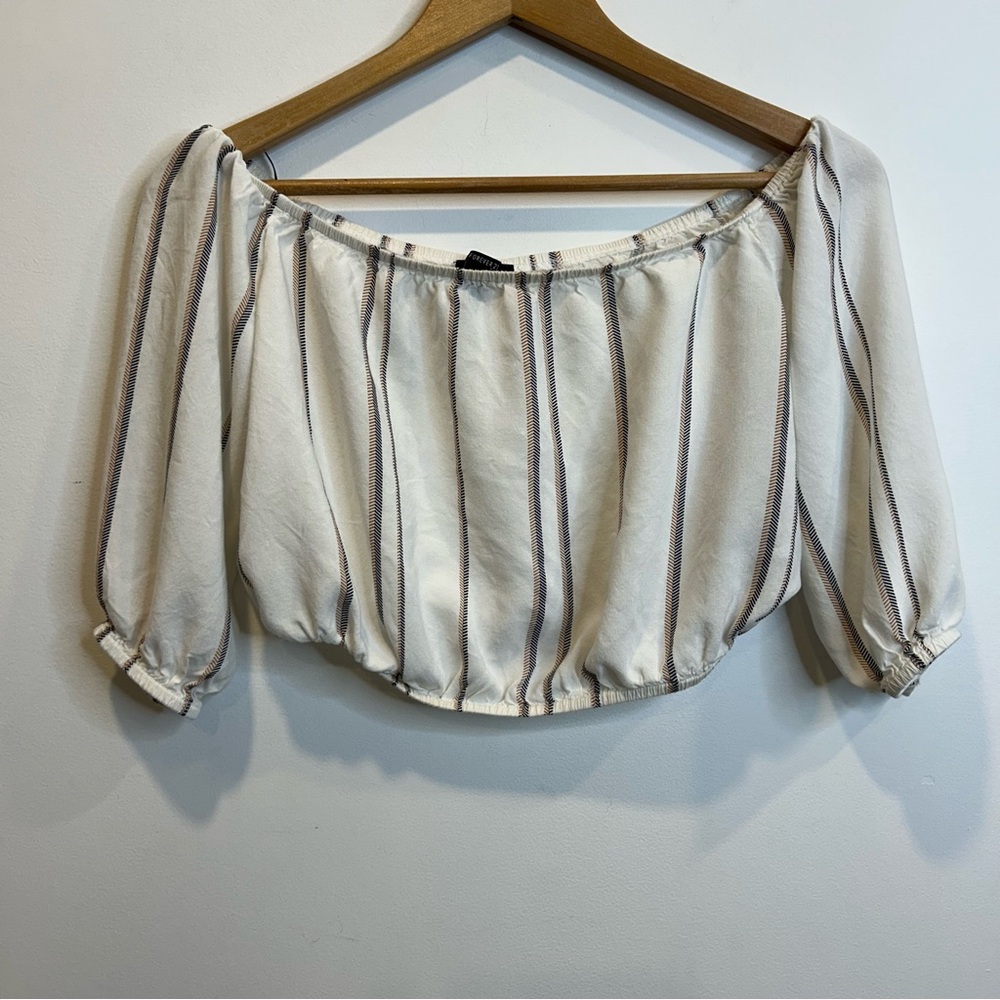 Forever 21 Striped Off the Shoulder Crop Top Shirt Cream